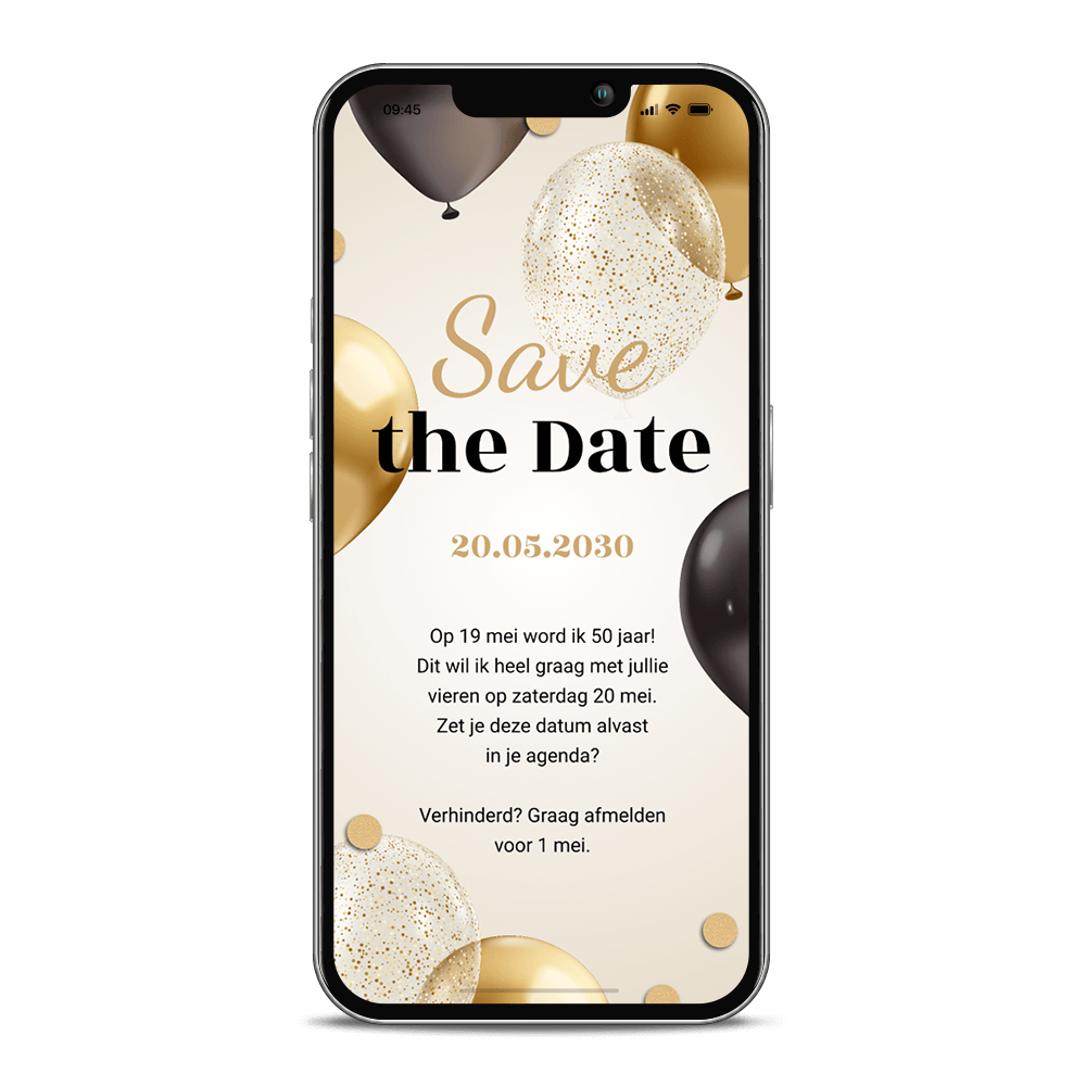 Digitale Save the Date verjaardaguitnodiging met ballonnen en confetti