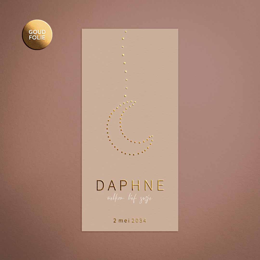 Hip geboortekaartje voor een meisje met gouden maan lampje