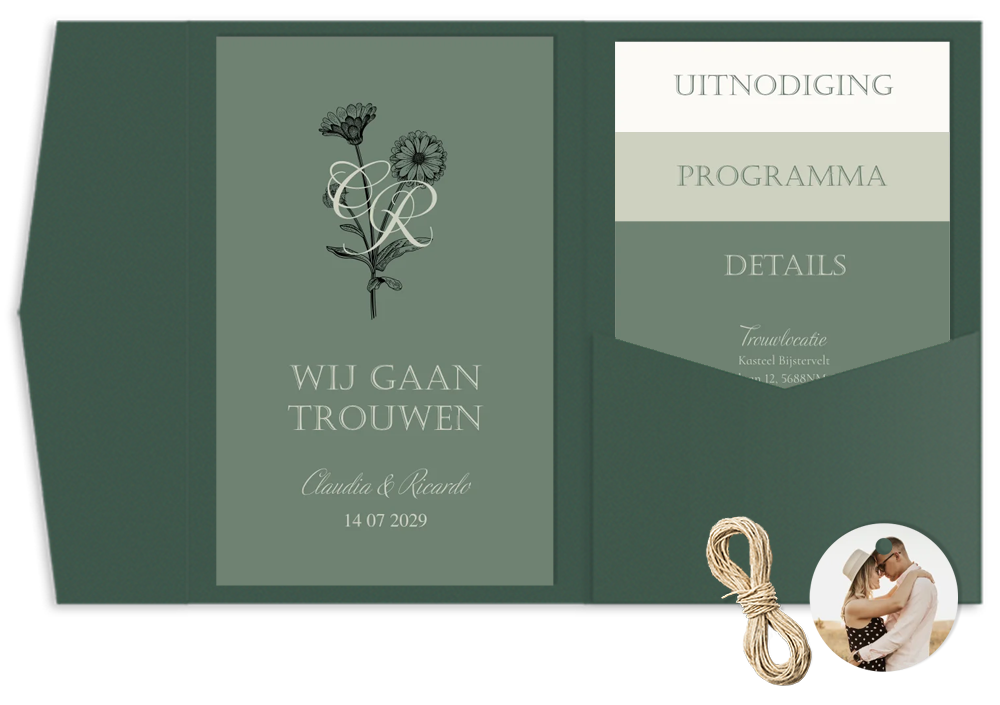 Pocketfold trouwkaart groen botanisch bloemenboeket