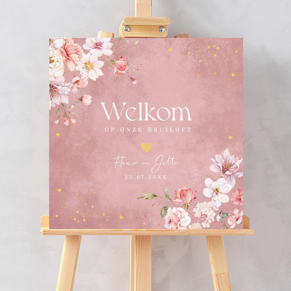 Welkomstbord bruiloft bloemen dusty pink