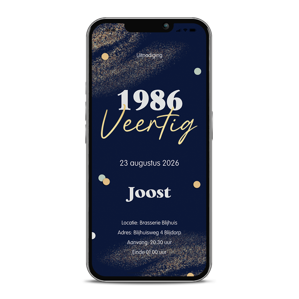 Digitale 40 jaar verjaardagsfeest uitnodiging met confetti en jaartal