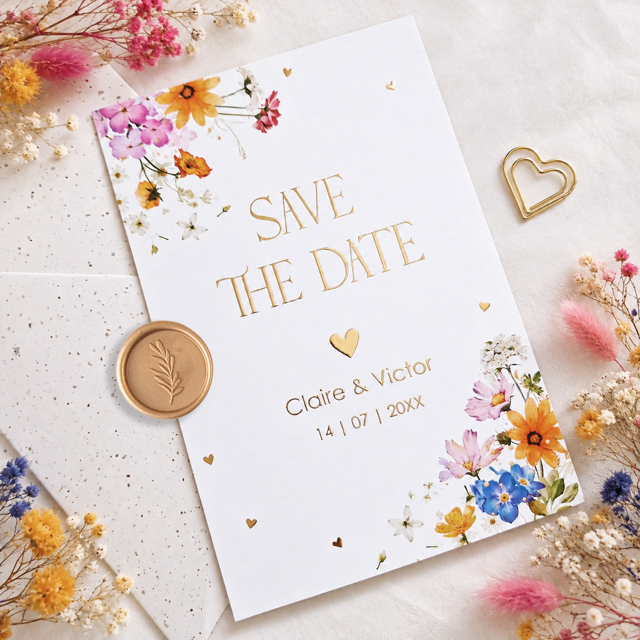 Save the Date uitnodiging huwelijk zomerse bloemen goudfolie
