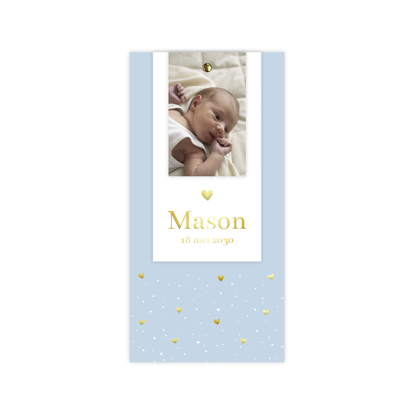 Geboortekaartje labelkaart jongen lichtblauw met foto en foliedruk