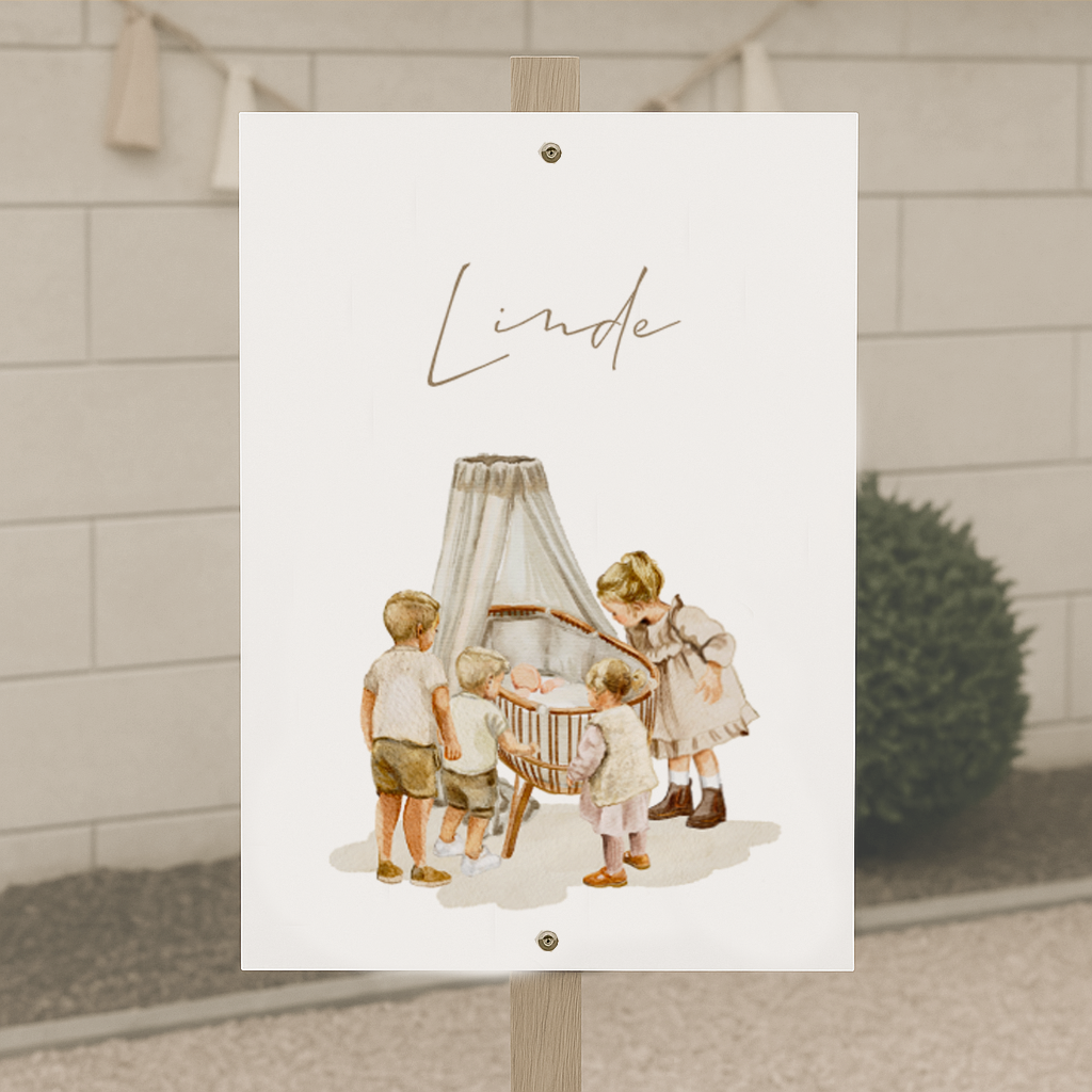 Uniek tuinbord vijfde kindje getekend wieg aquarel