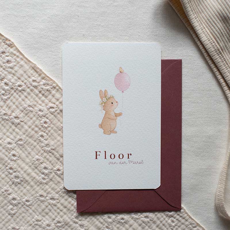 Geboortekaartje meisje lente konijntje roze ballon
