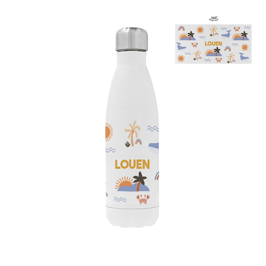 Drinkfles RVS met naam, walvis en strand