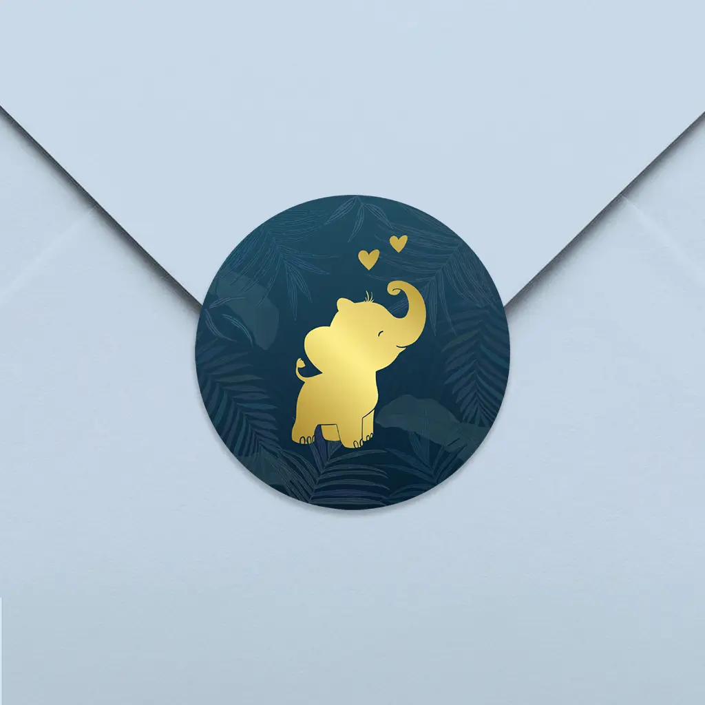 Sluitsticker donkerblauw met olifantje in goudfolie - per vel