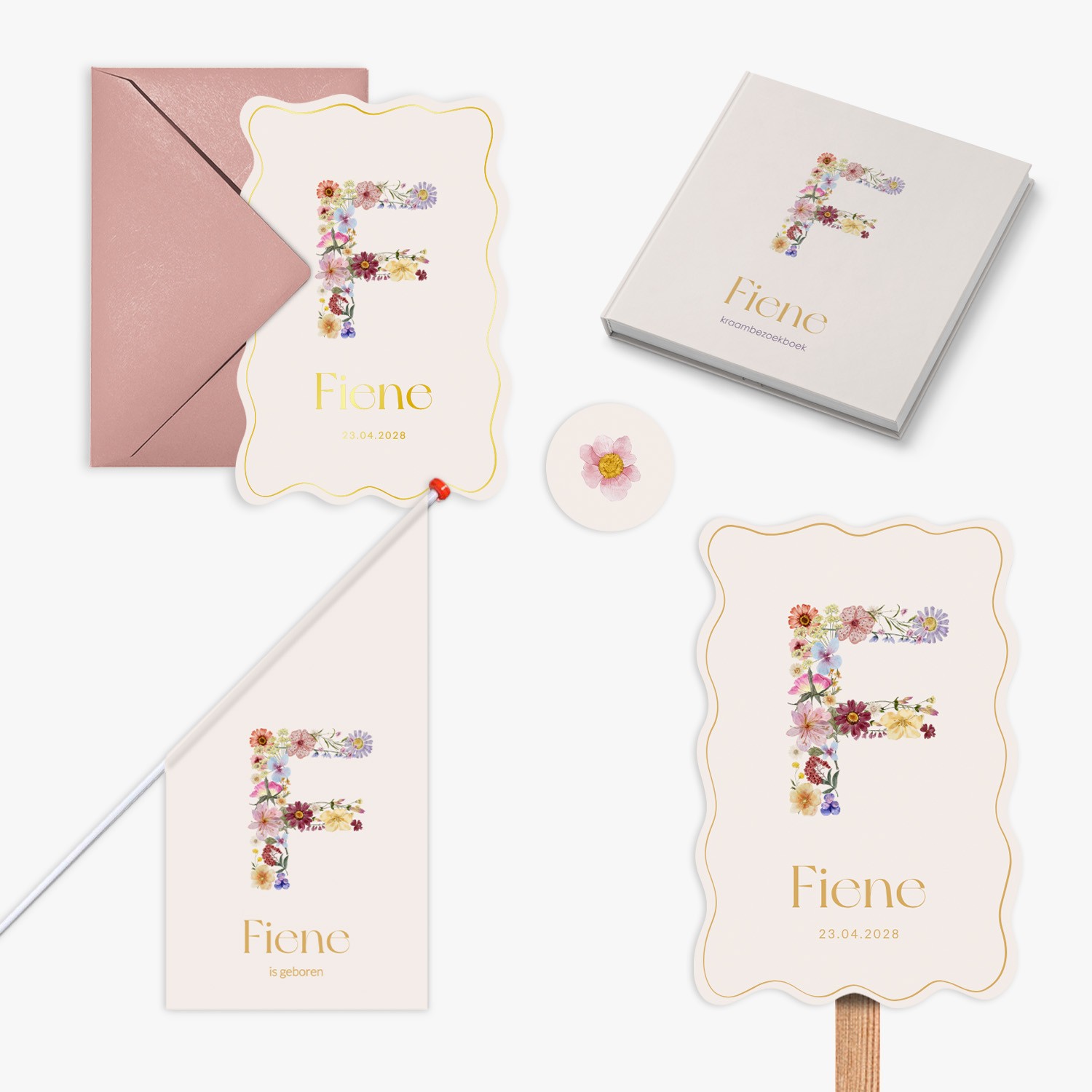 doorlink geboortekaartjes set floral initial