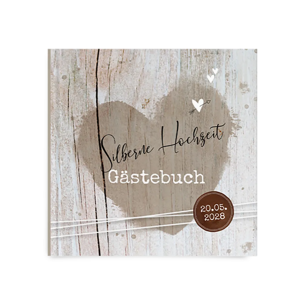 Stilvolles Gästebuch zum Jubiläum mit Herz auf Holzhintergrund