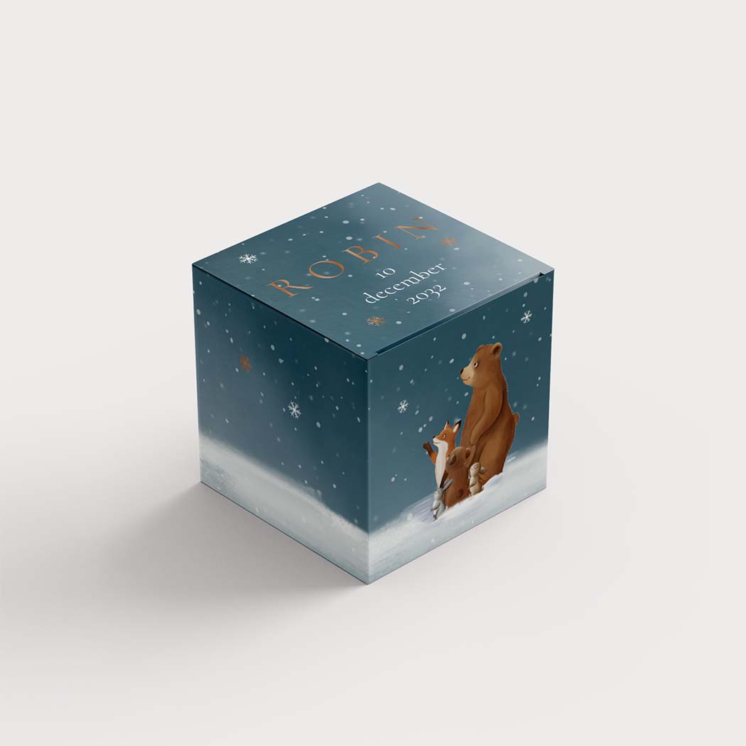 Doopsuikerdoosje met winterdieren in de nacht en hoogglans