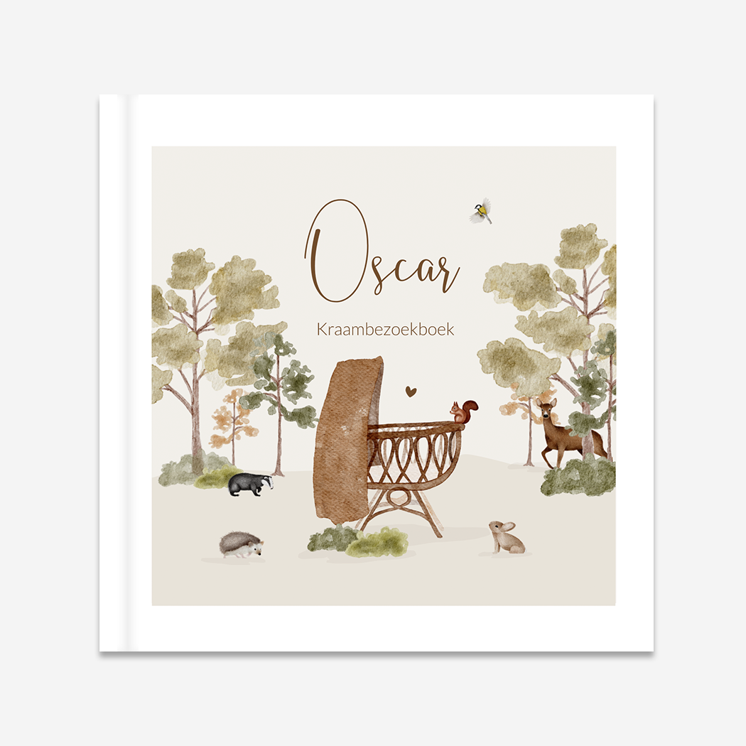 Kraambezoekboek waterverf bosdieren wieg beige