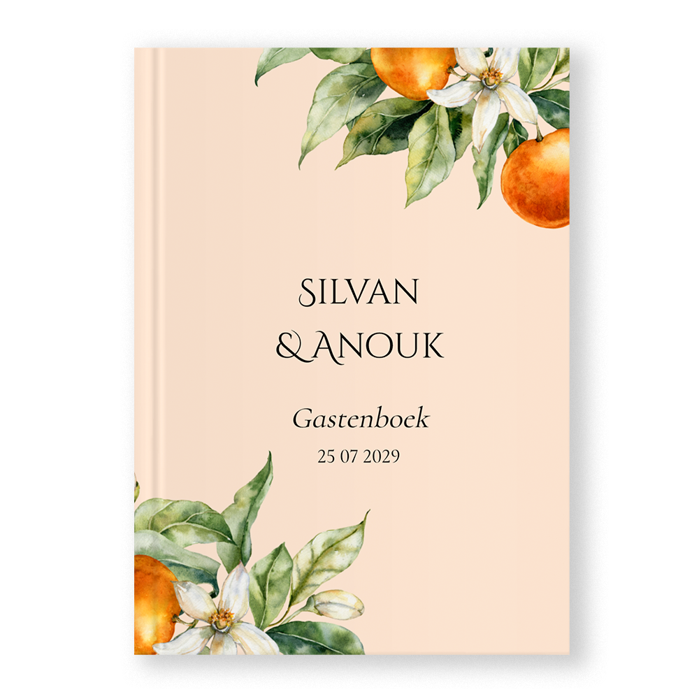 Gastenboek bruiloft Mediterraans oranje sinaasasppels