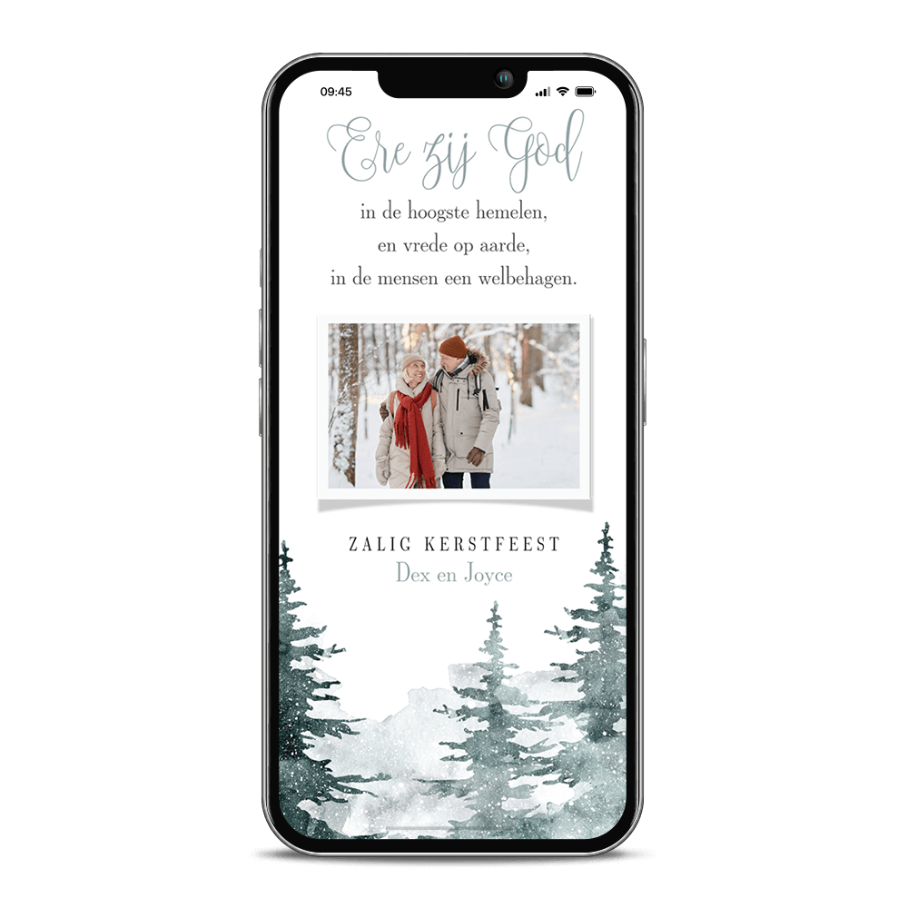 Digitale christelijke kerstkaart met kerstbomen en eigen foto