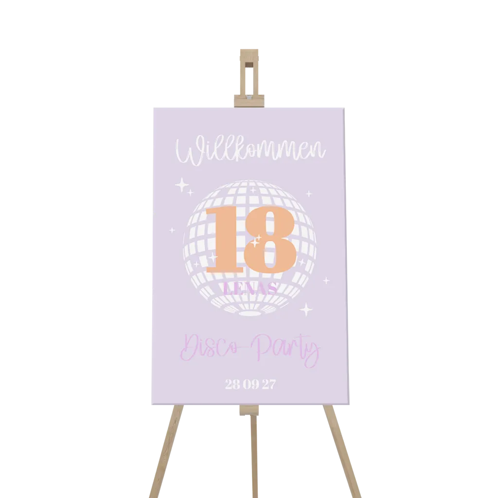 Willkommensschild Achtzehnter Geburtstag mit Discokugel in Lila