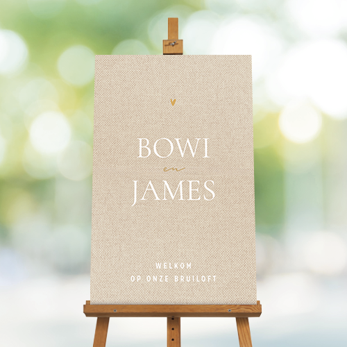 Linnenlook welkomstbord voor een bruiloft