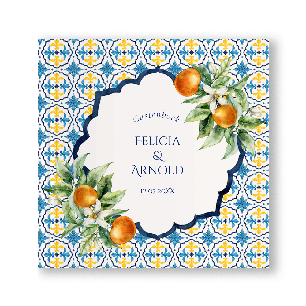 Gastenboek bruiloft mediterraans sinaasappels oranje blauw patroon