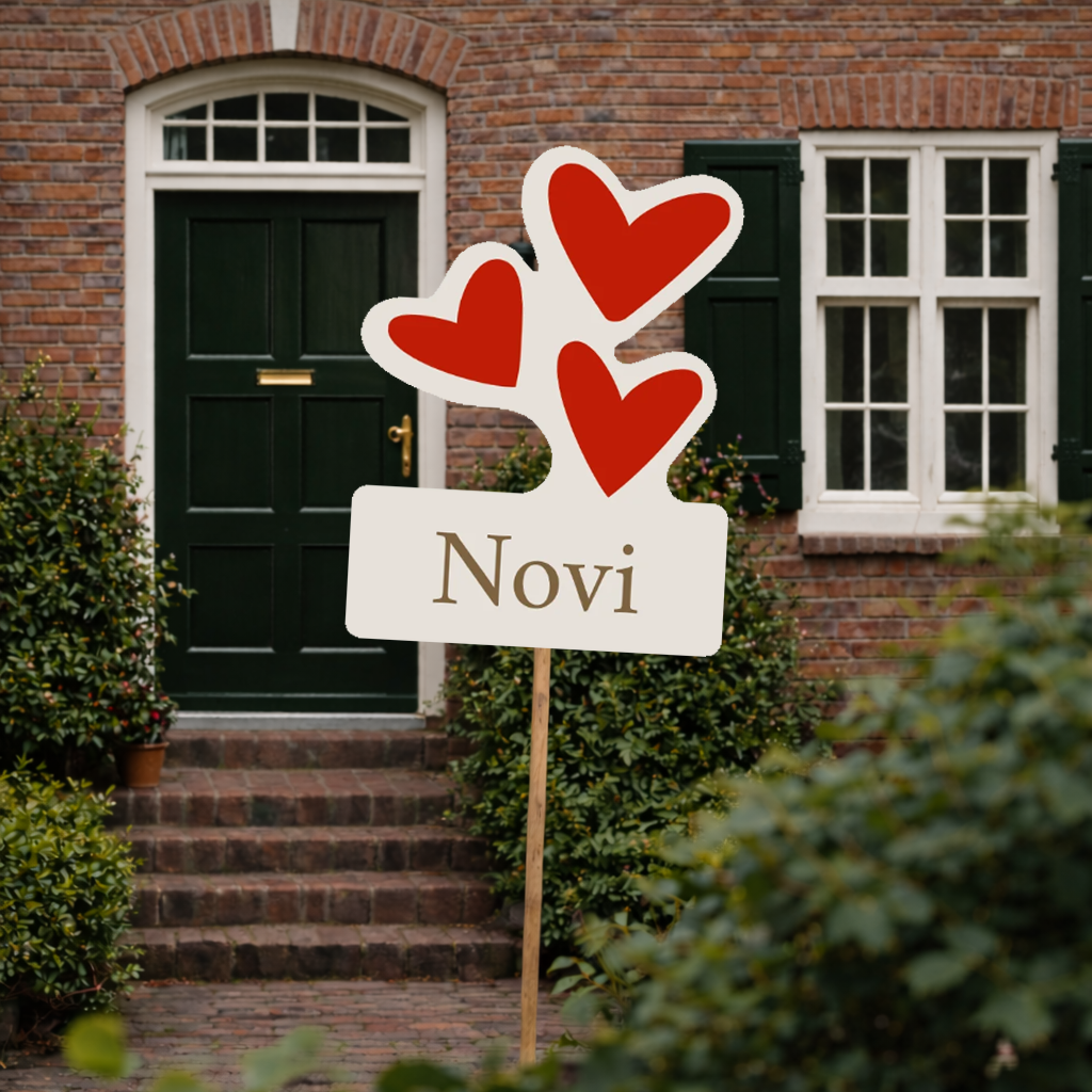 Tuinbord met rode hartjes – Liefdevol geboortebord tuin