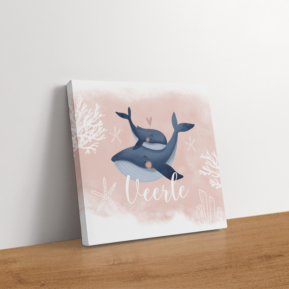 Roze canvas schilderij onderwater met walvissen