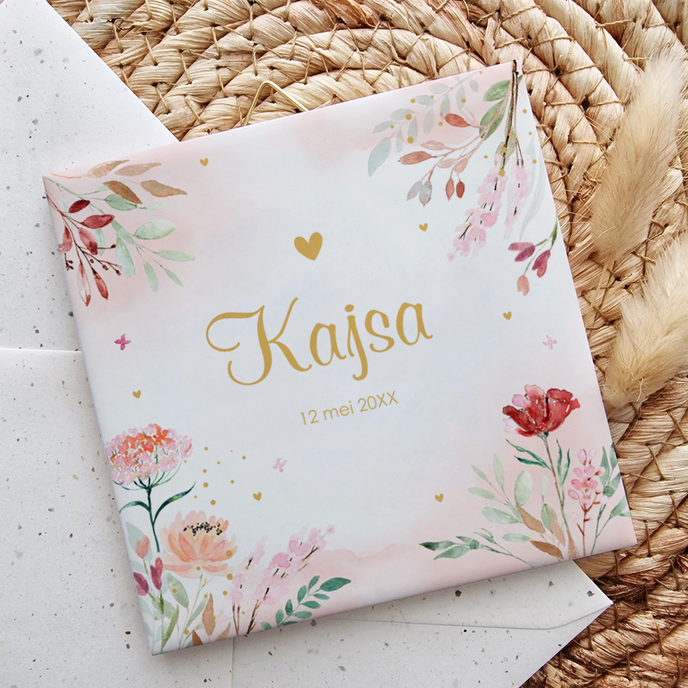Geboortetegeltje met roze aquarel bloemen