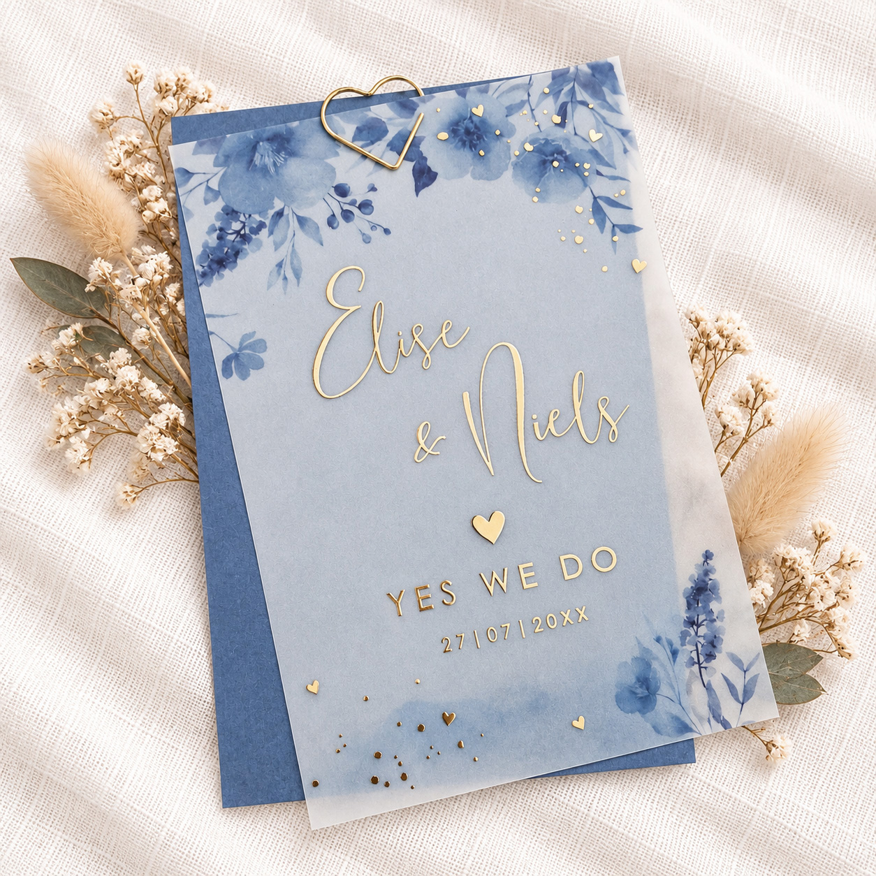 Trouwkaart kalkpapier bloemen blauw watercolour goudfolie (set 2 kaarten)