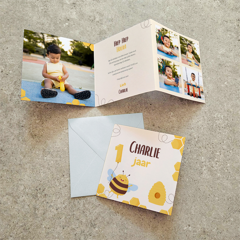 Kinderfeest uitnodiging 1 jaar met bijtje en honingraat