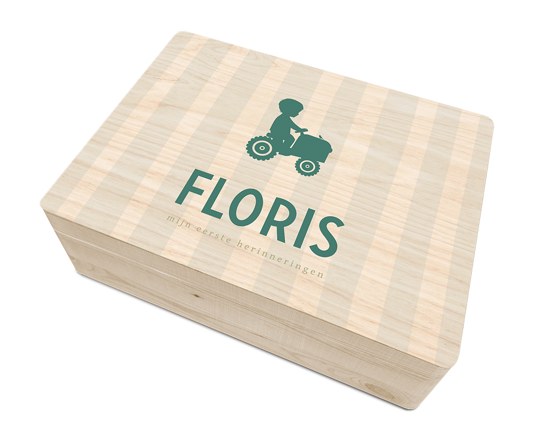 Houten bewaardoos geboorte met jongens silhouet op tractor