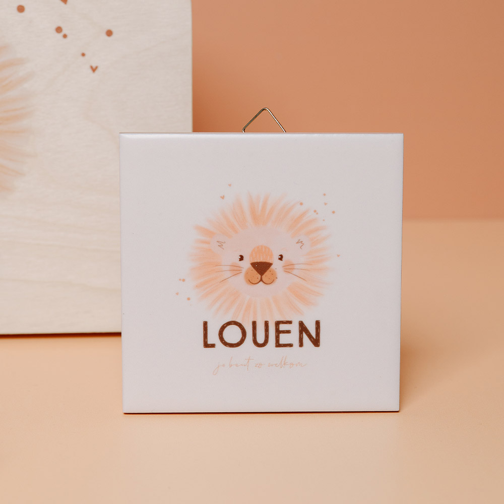 Geboorte tegeltje met vrolijk leeuwtje