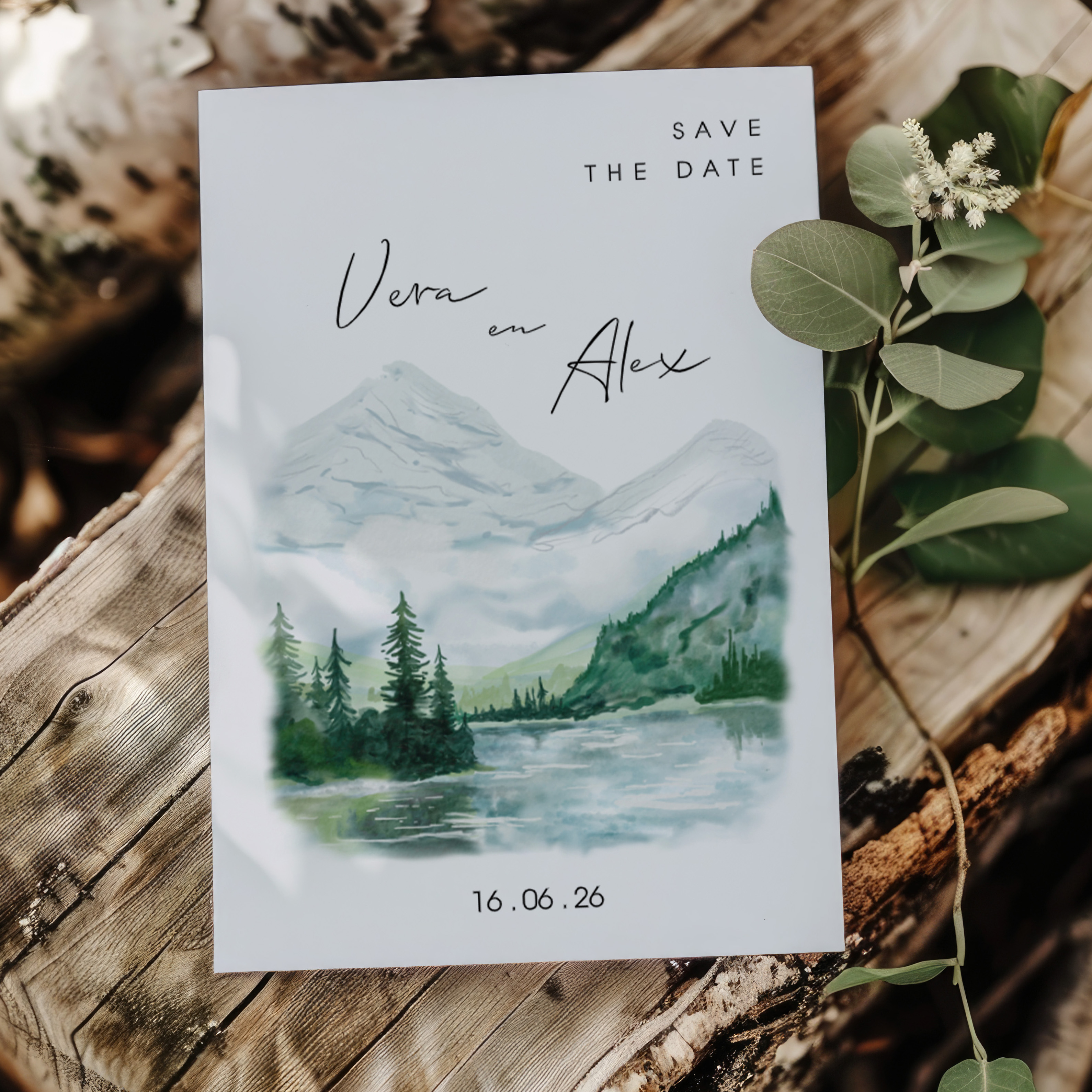 Save the date met aquarel schildering van een berglandschap
