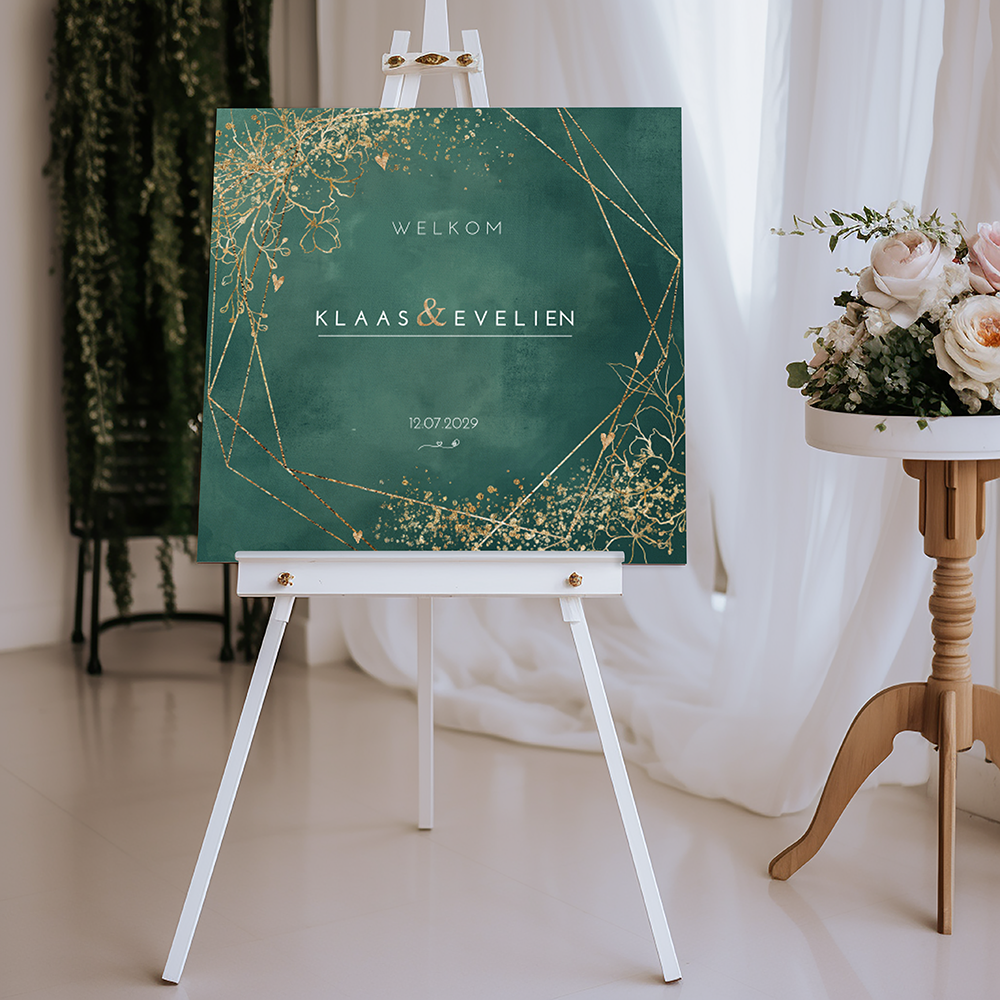 Welkomstbord met goud kleurige bloemen