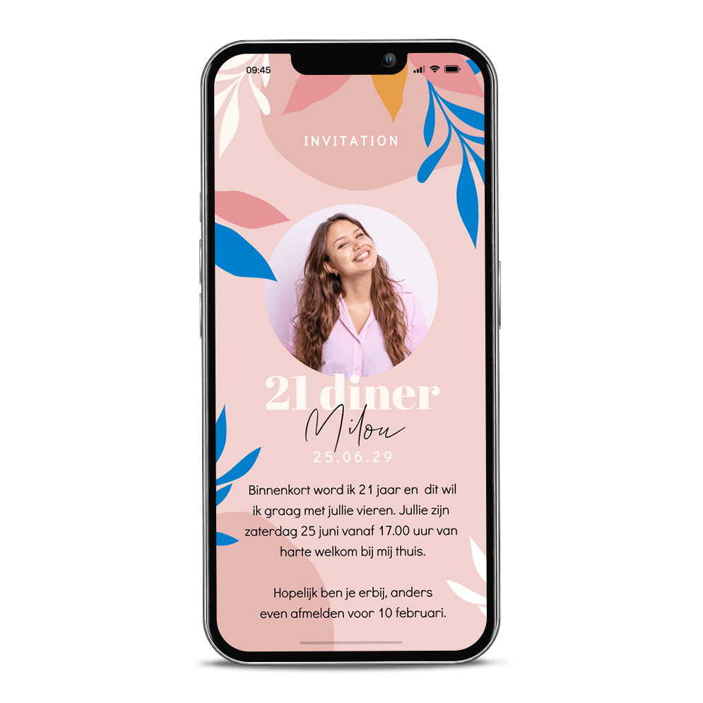Vrolijke 21 diner uitnodiging digitaal met foto en bladeren