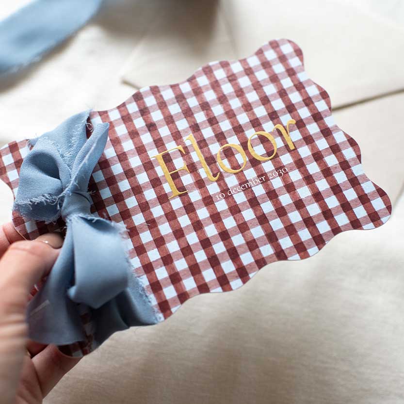 Geboortekaartje jongen gingham ruitjes blauw rood