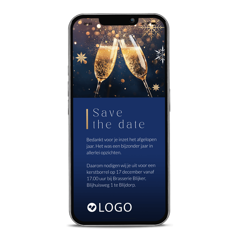 Digitale save the date kerstkaart met champagneglazen en eigen logo