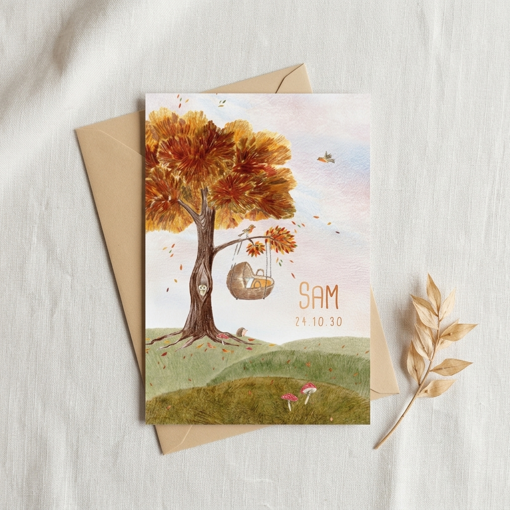 Geboortekaartje met wiegje, boom en dieren in herfst landschap