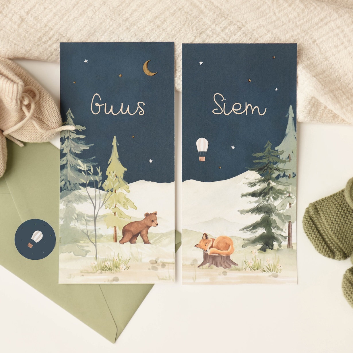 Tweeling geboortekaartje met bosdieren en sterrenhemel