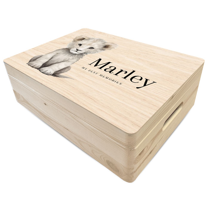 Unisex herinneringsdoos van hout met leeuwtje