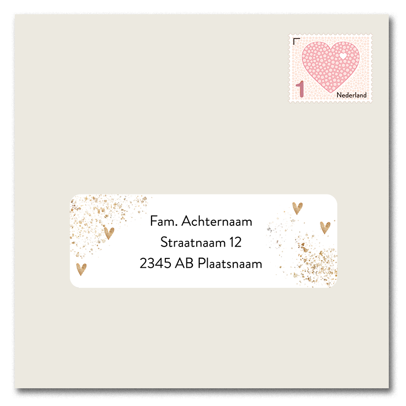 Adressticker met goudkleurige hartjes en spetters
