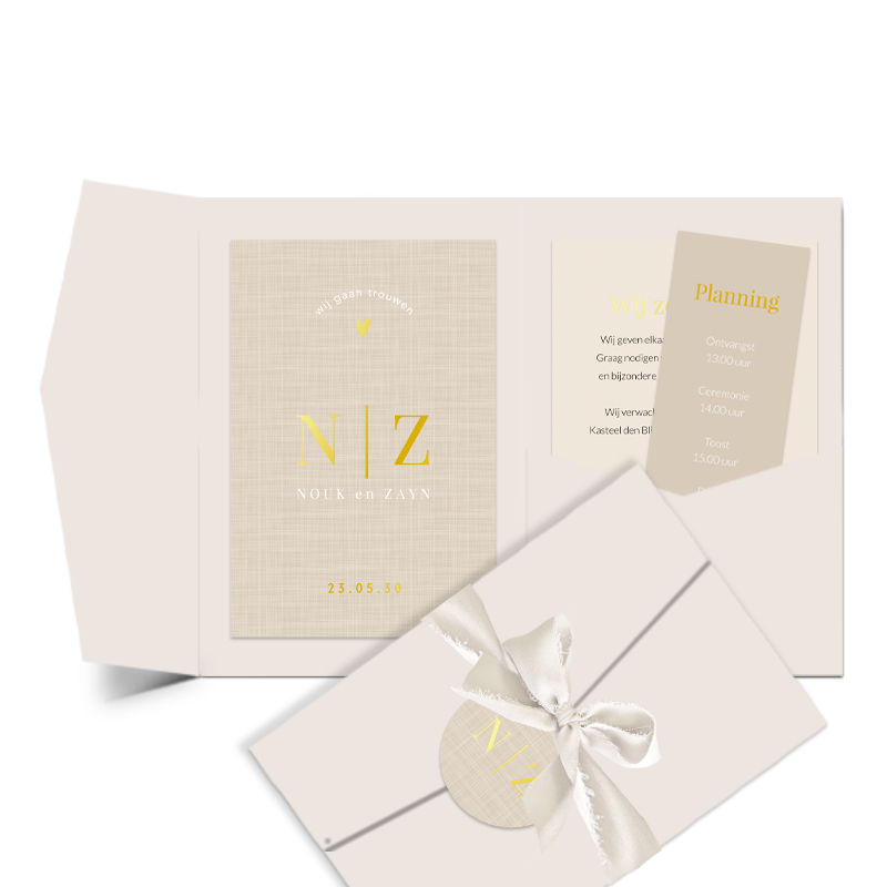 Linnenlook trouwkaart met goudfolie, echte strike en pocketfold mapje