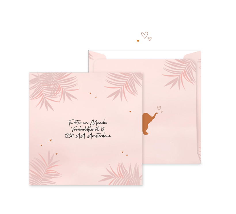 Envelop op maat met roze velvet-look, junglebladeren en hartjes