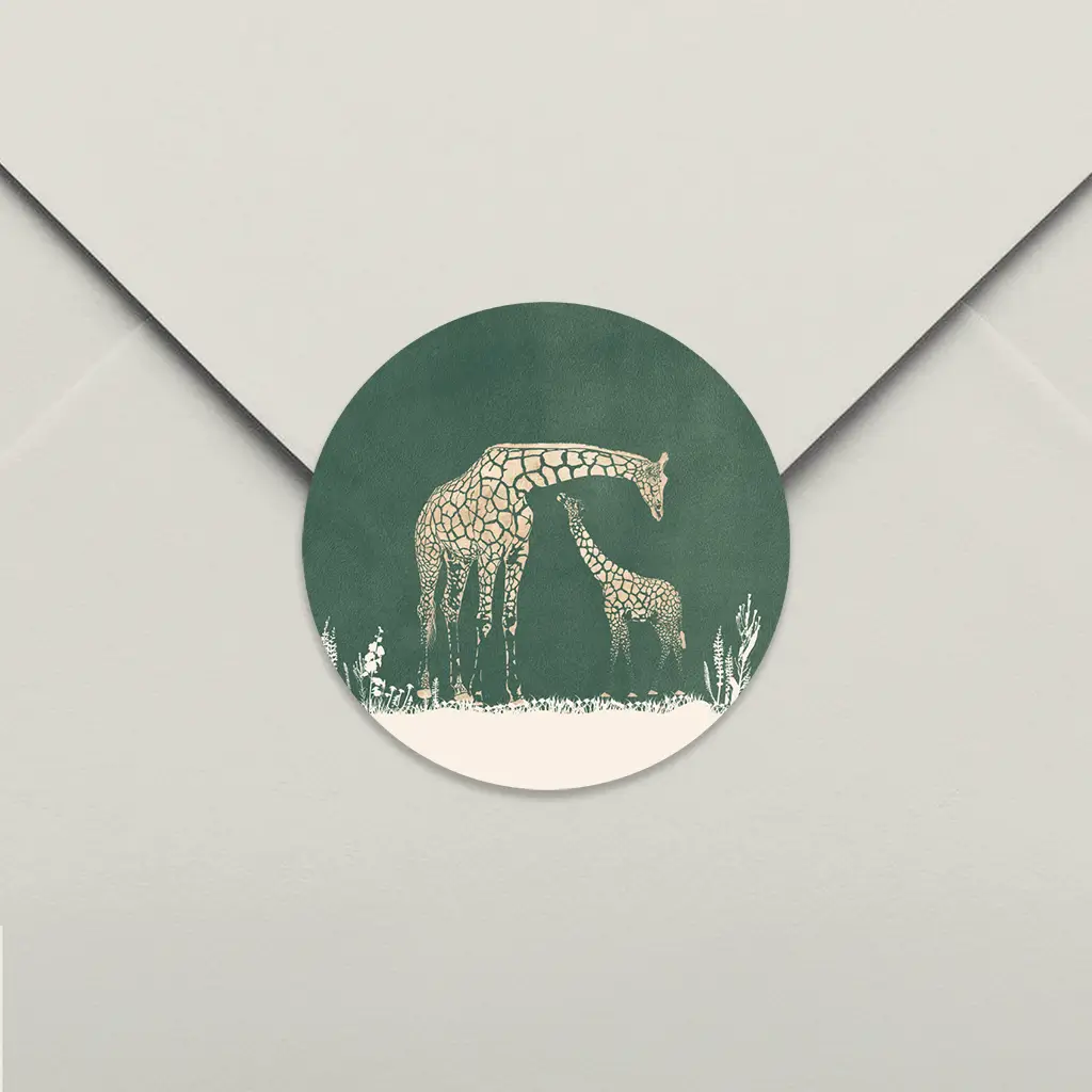 Avontuurlijke sluitsticker met velvet-look en goudlook giraffen - per 25 stuks