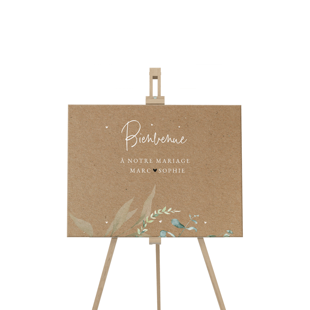 Panneau de bienvenue avec des branches sur look kraft