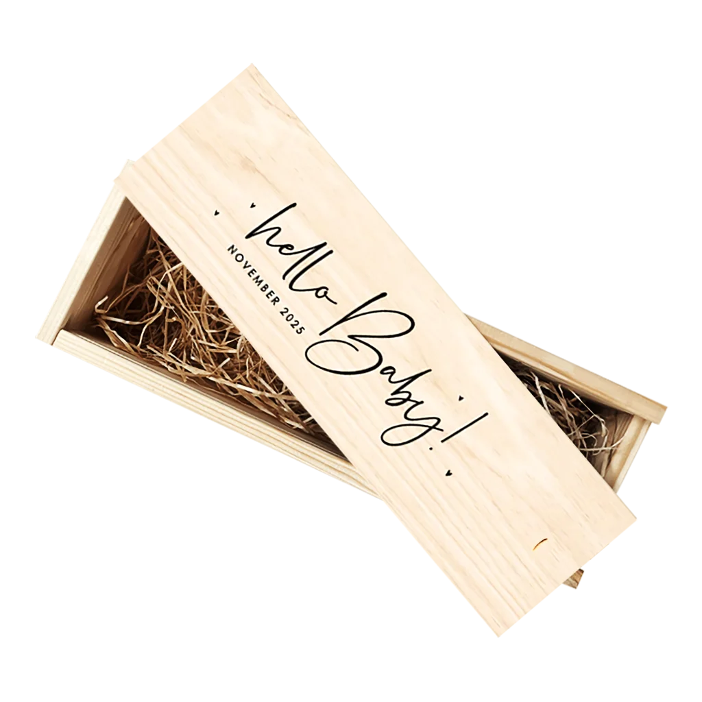 Wijnkist zwangerschapsaankondiging Hello Baby