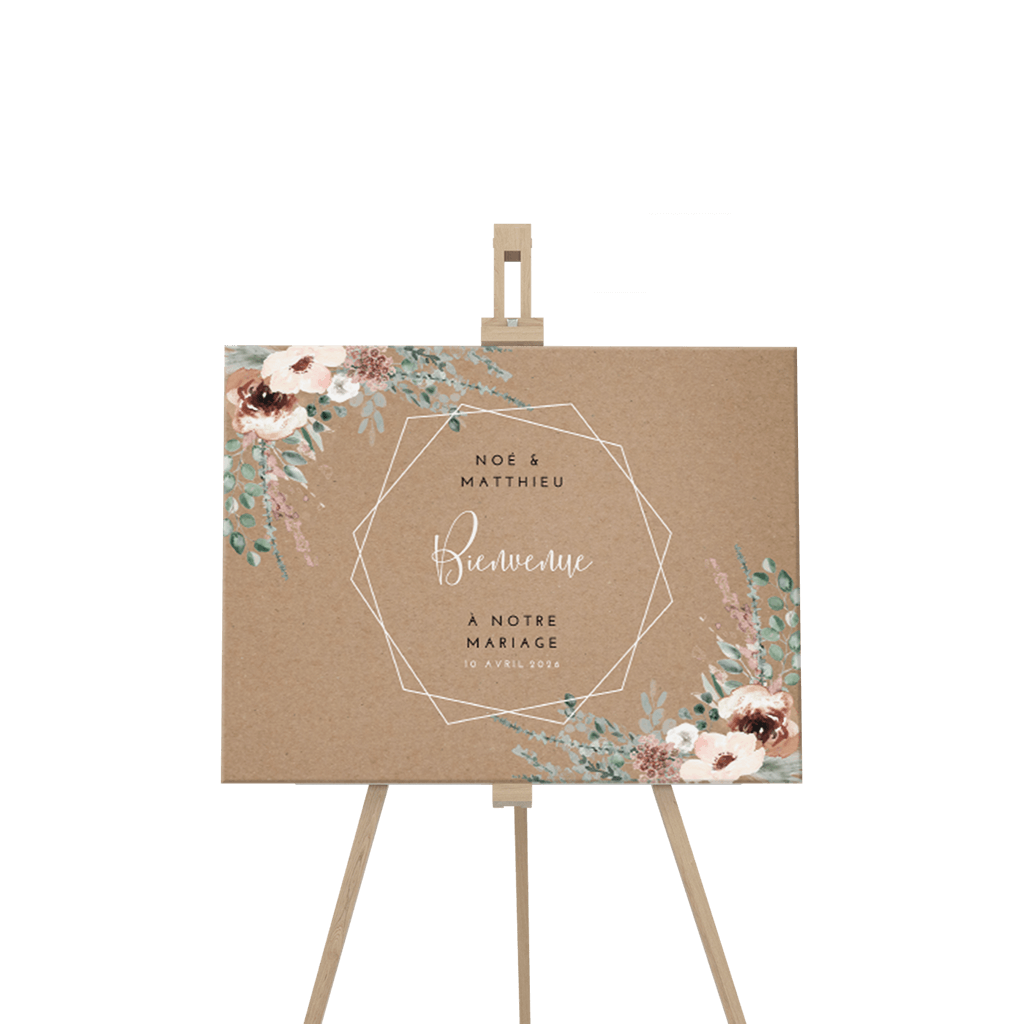 Panneau de bienvenue avec un aspect kraft et des bouquets de fleurs