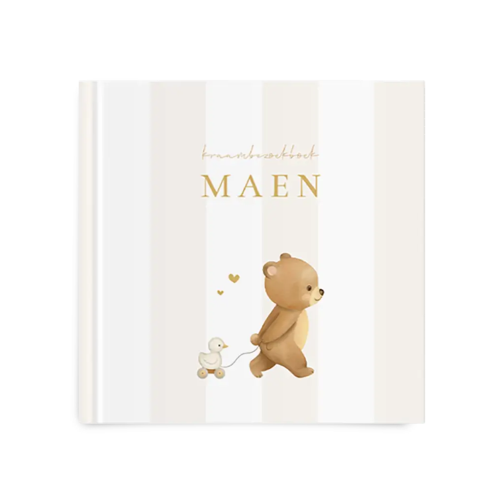 Kraambezoekboek met beer en trekeendje op beige strepen