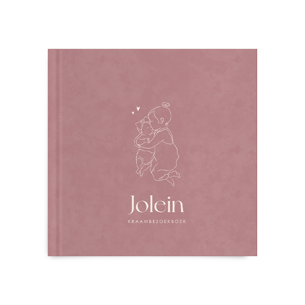 Kraambezoekboek in roze met lijntekening van zusjes
