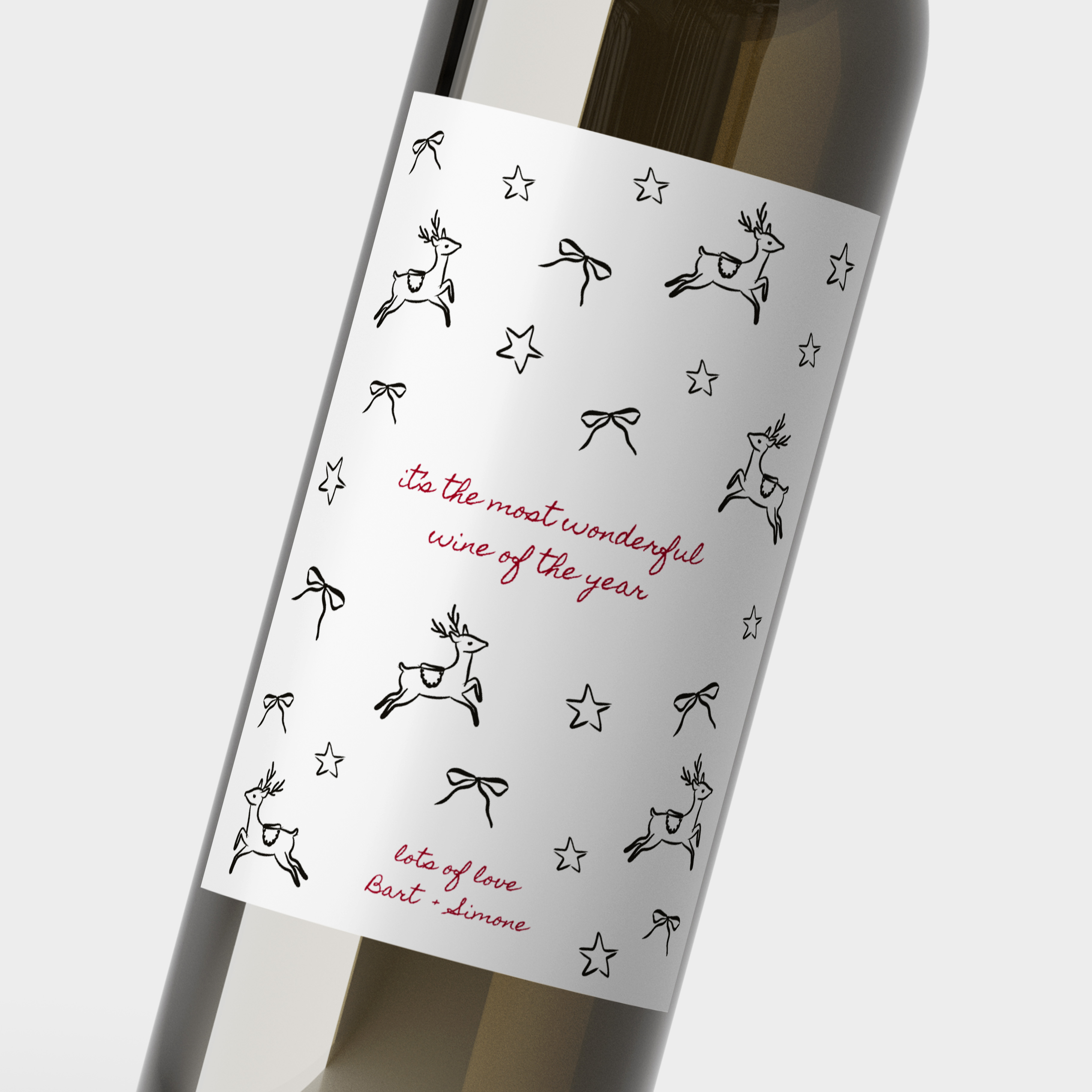 Wijnetiket kerstpatroon hertje, strikje, sterretje | 5 stuks