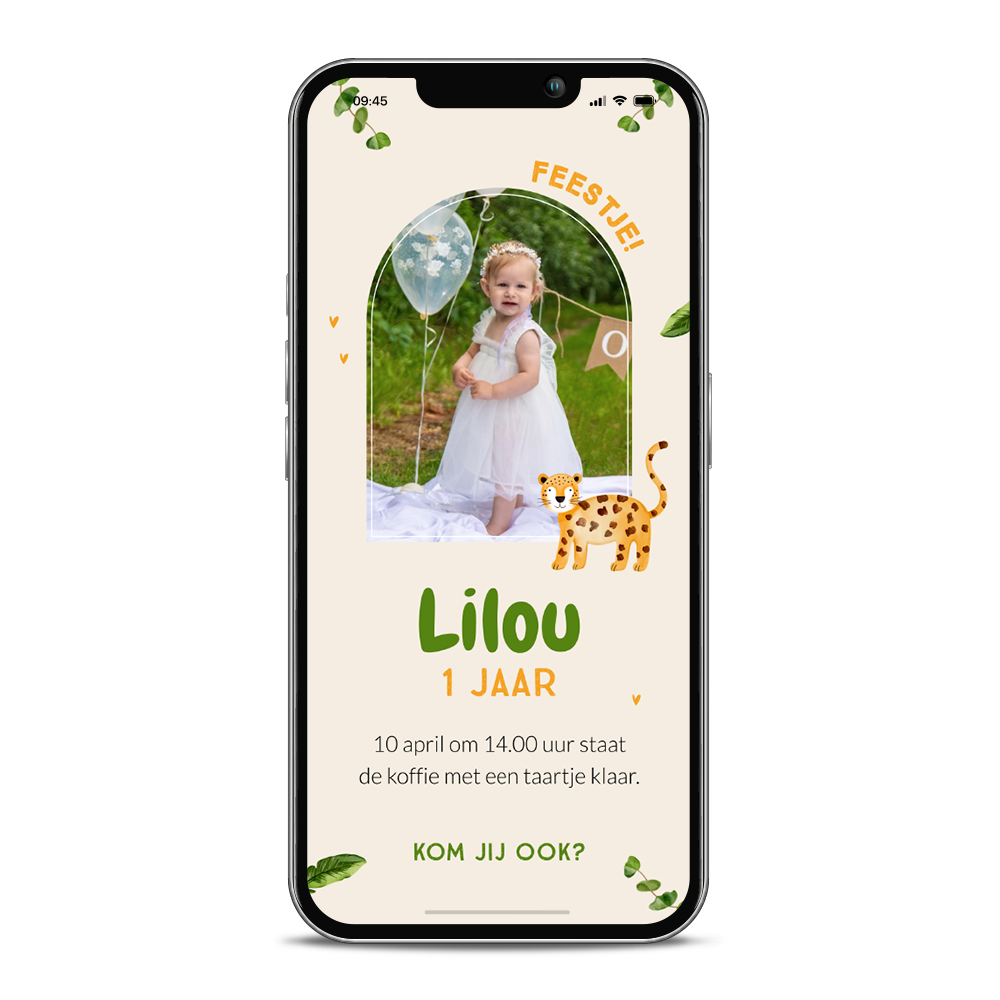 Digitale uitnodiging 1e verjaardag kind met dier, bladeren en foto