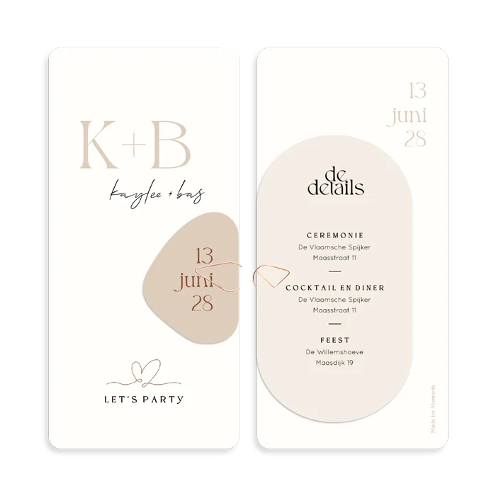 Stapelkaart bruiloft in beige tinten met hartje