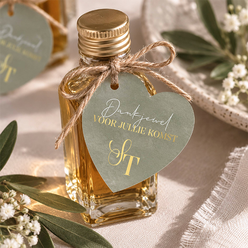 Bedank labels bruiloft hartje Olive and Gold met goudfolie en initialen (16 stuks)