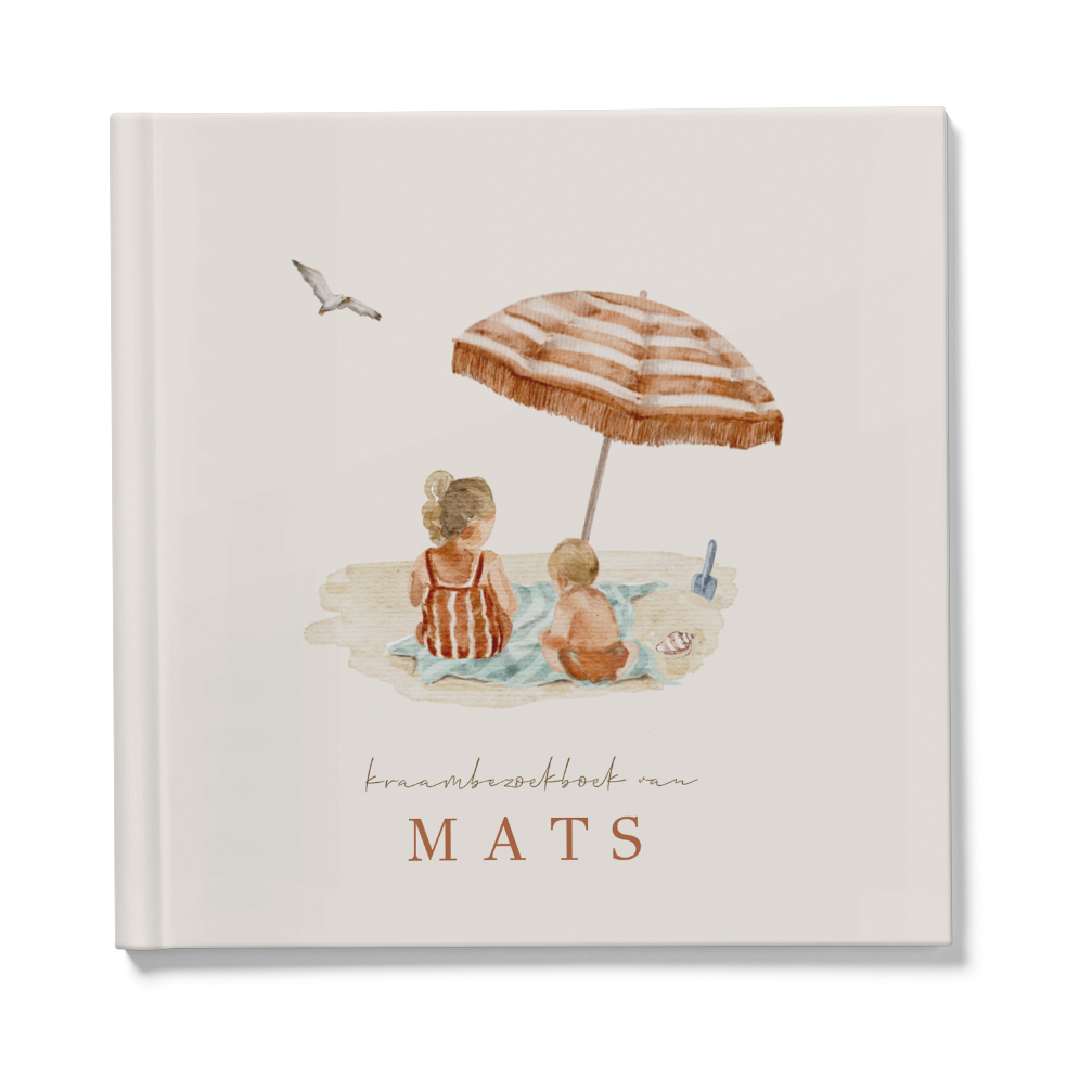 Zomer kraambezoekboek broertje aquarel zus met baby op strand