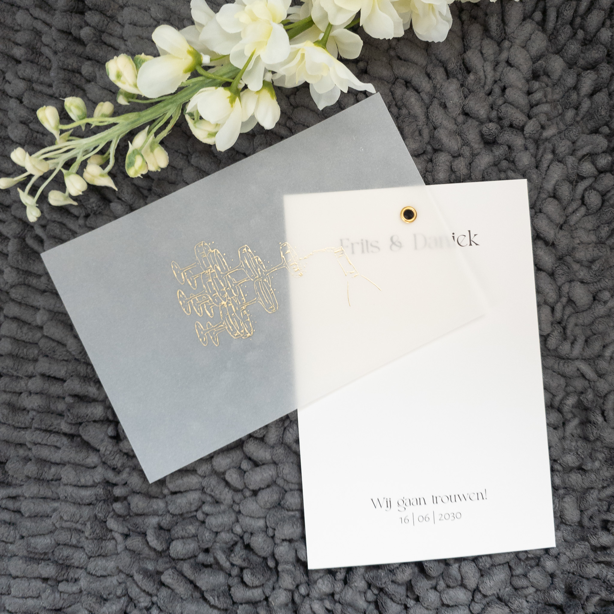 Trouwkaart kalkpapier beige bruin goud